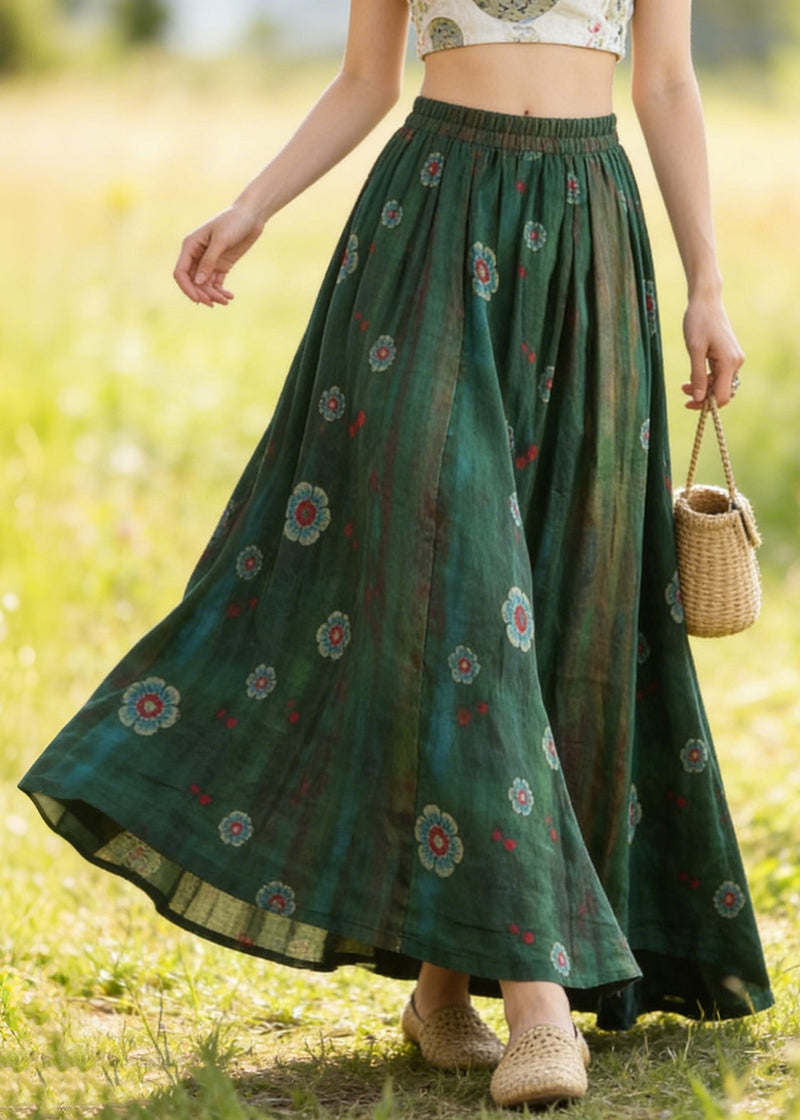 Green Elastic Waist Print Linen Skirts Summer