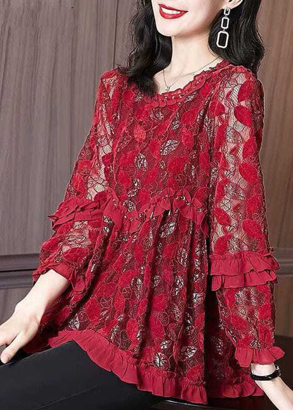 Mulberry Ruffled Patchwork Lace Blouse Tops Spring
