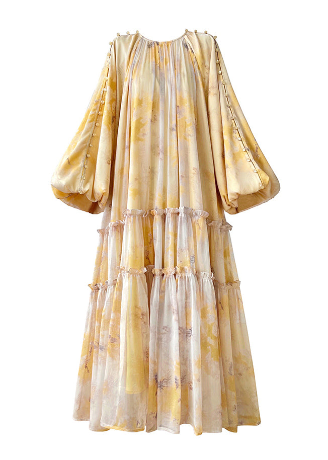 Vogue Yellow O-neck Print Tie Waist Chiffon Maxi Dresses Long Sleeve