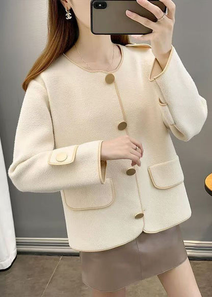Beige O Neck Pockets Woolen Short Coat Fall