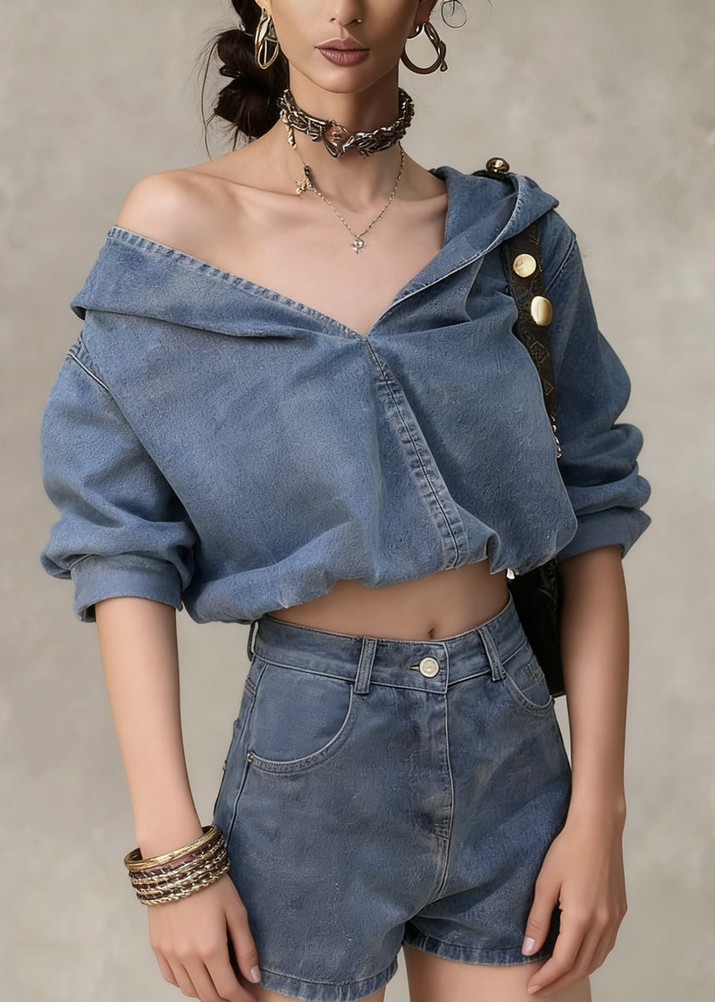 Denim Blue Hooded Coat and Shorts Two Pieces Set Spring