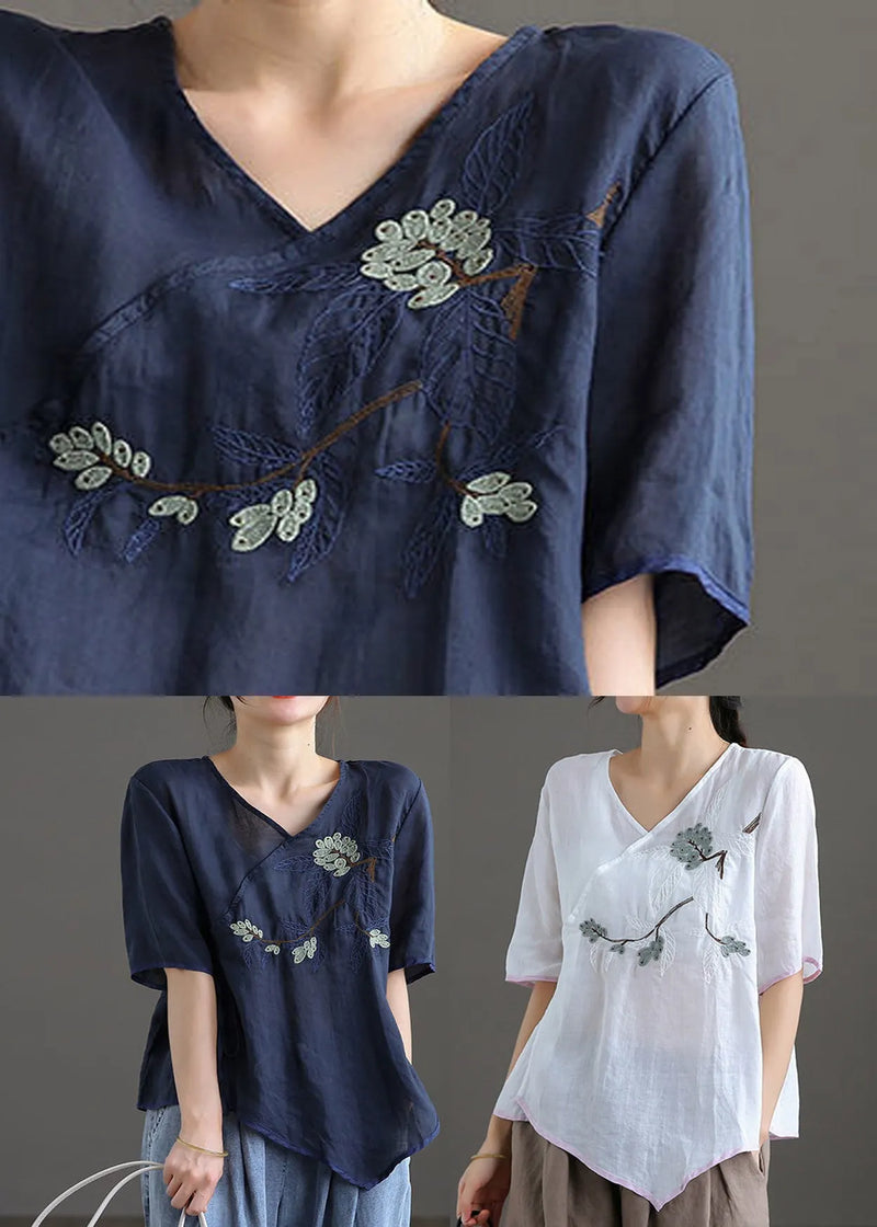 Fine White V Neck Embroideried Linen Top Short Sleeve