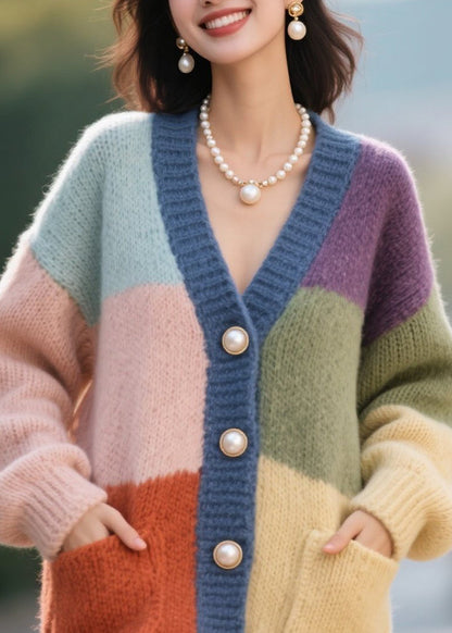 Colorblock Button Pockets Patchwork Knit Cardigan Fall