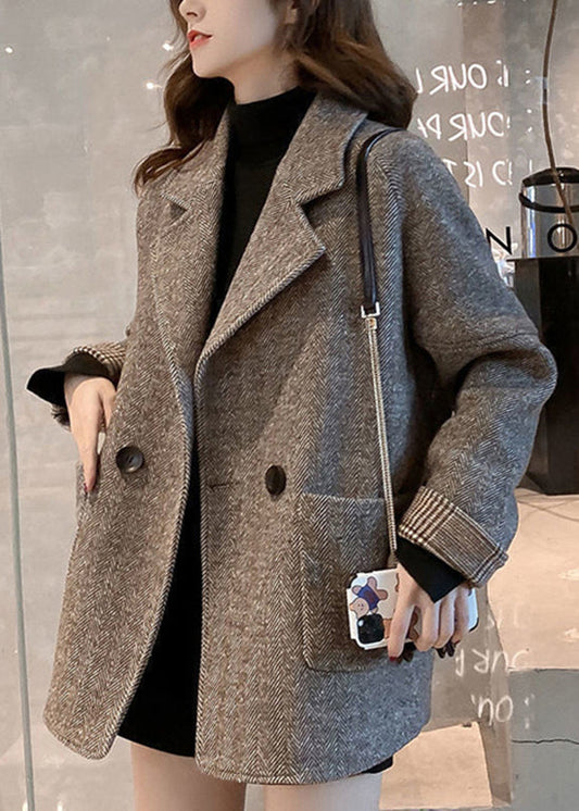 Khaki Notched Pockets Woolen Coat Winter