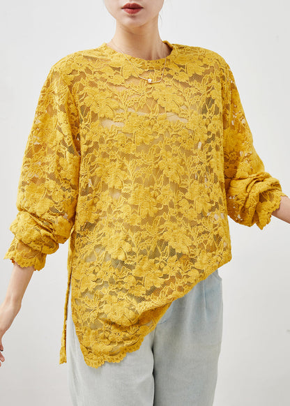 Yellow Hollow Out Side Open Lace Top Summer