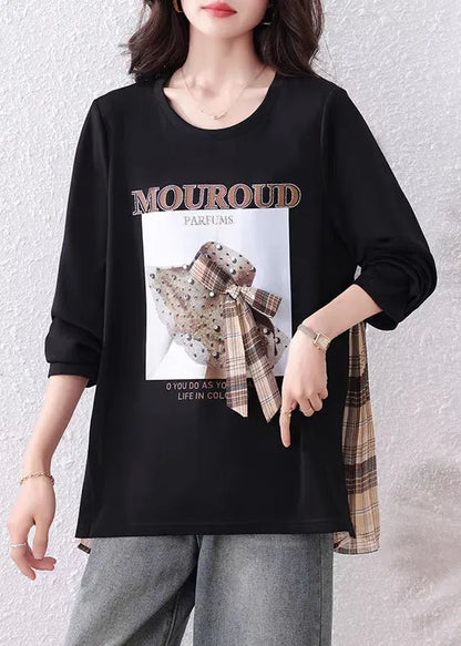 Loose Black Print Zircon Plaid Patchwork Cotton T Shirts Fall