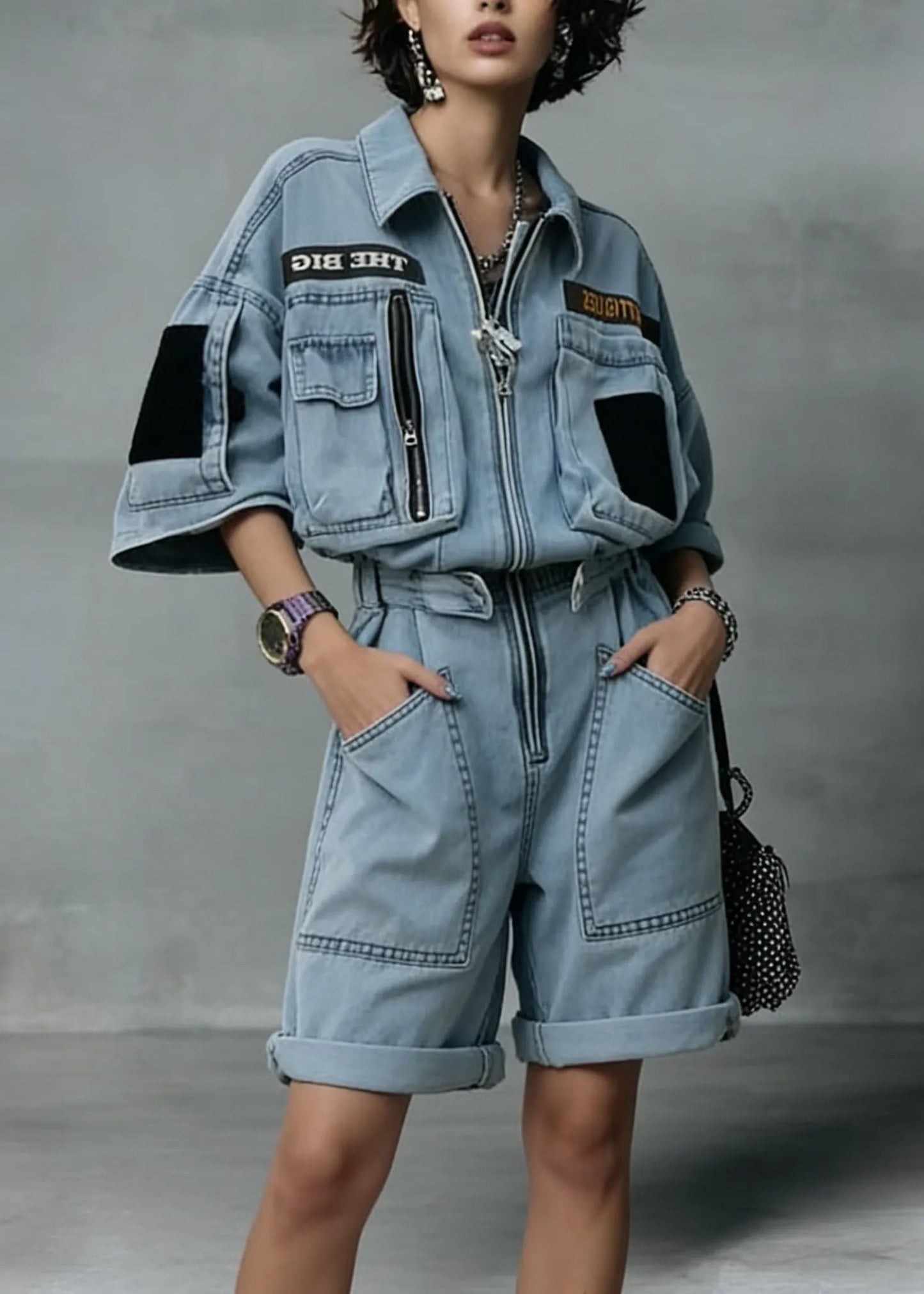 New Blue Zip Up Pockets Patchwork Denim Jumpsuit Summer