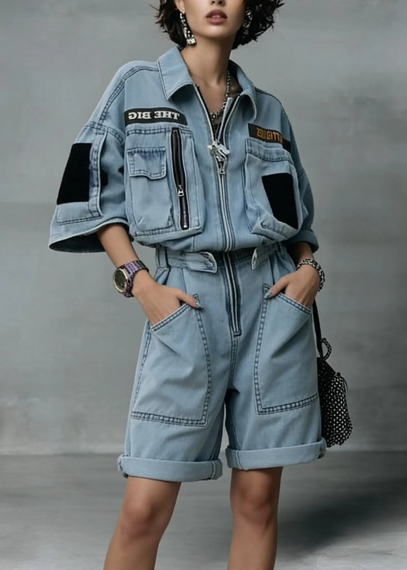 New Blue Zip Up Pockets Patchwork Denim Jumpsuit Summer