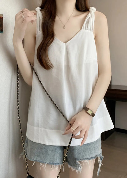White Wrinkled Cotton Tank V Neck Summer