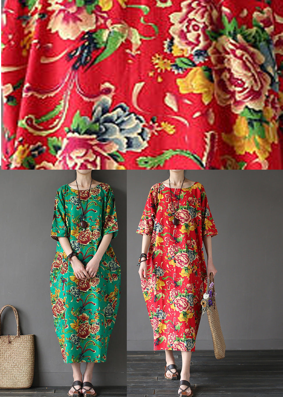 Unique Red O-neck Print Holiday Cozy Maxi Dress Summer