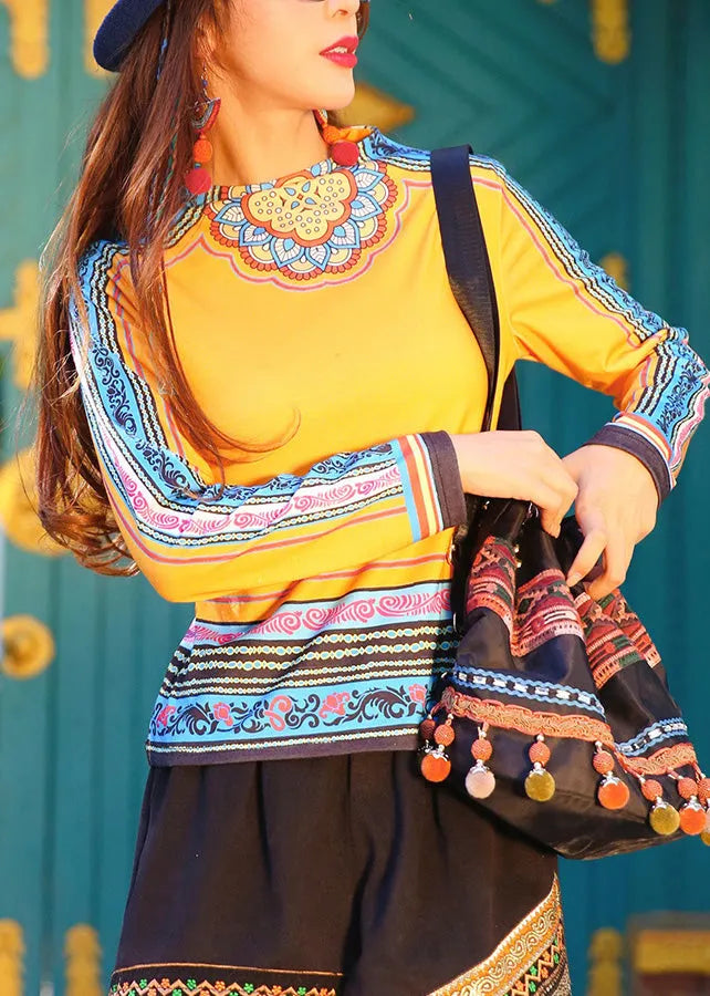 Yellow O-neck Print Patchwork Top Long Sleeve