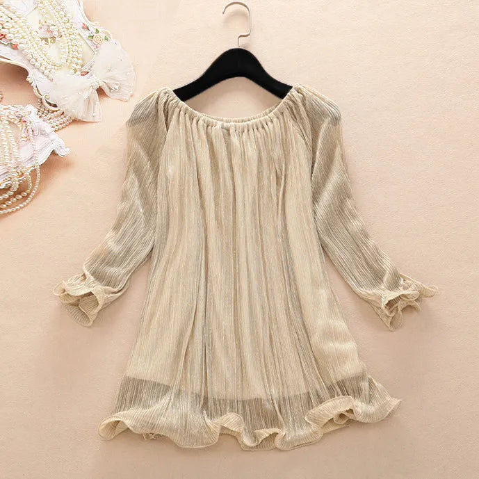 French Golden O-neck Chiffon Shirts Spring Summer