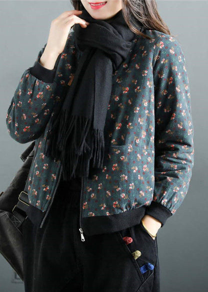 Red Print Zip Up Pockets Patchwork Fine Cotton Filled Witner Coats