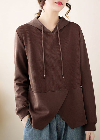 Coffee Asymmetrical Ruffled Patchwork Cotton Hooded Top Fall