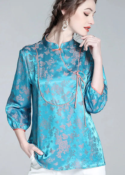 Blue Stand Collar Patchwork Jacquard Silk Blouse Tops Spring