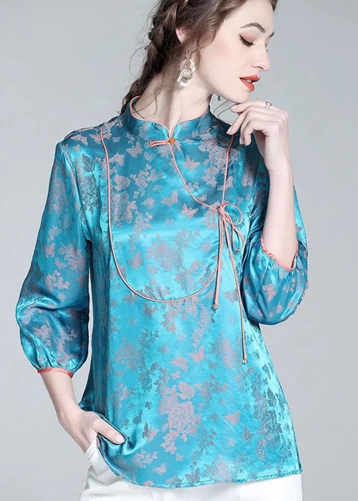 Blue Stand Collar Patchwork Jacquard Silk Blouse Tops Spring
