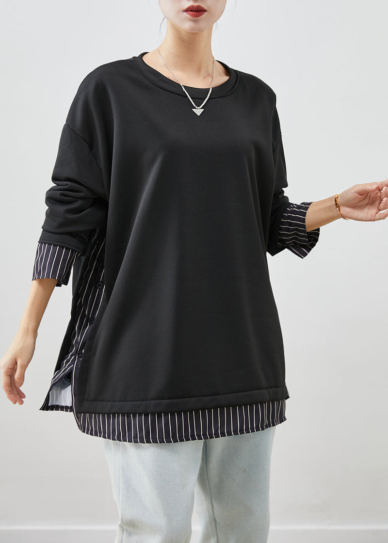 Black Oversized Patchwork Striped Cotton Sweatshirt Fall