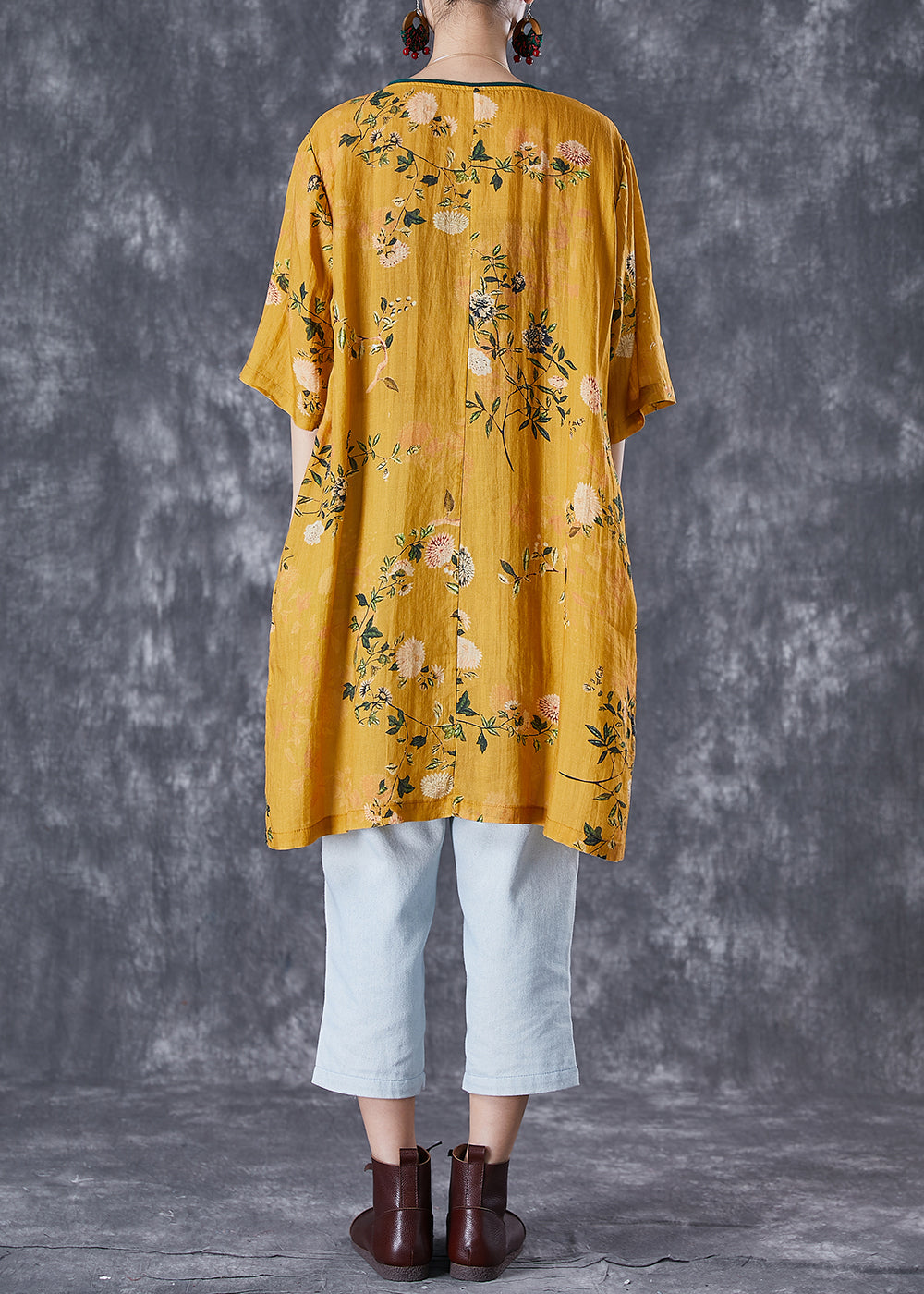 Yellow Tasseled Print Linen Dresses Summer