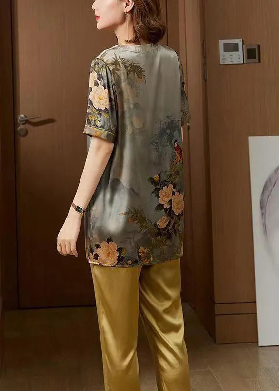 New Light Green V Neck Print Patchwork Silk Tops Summer