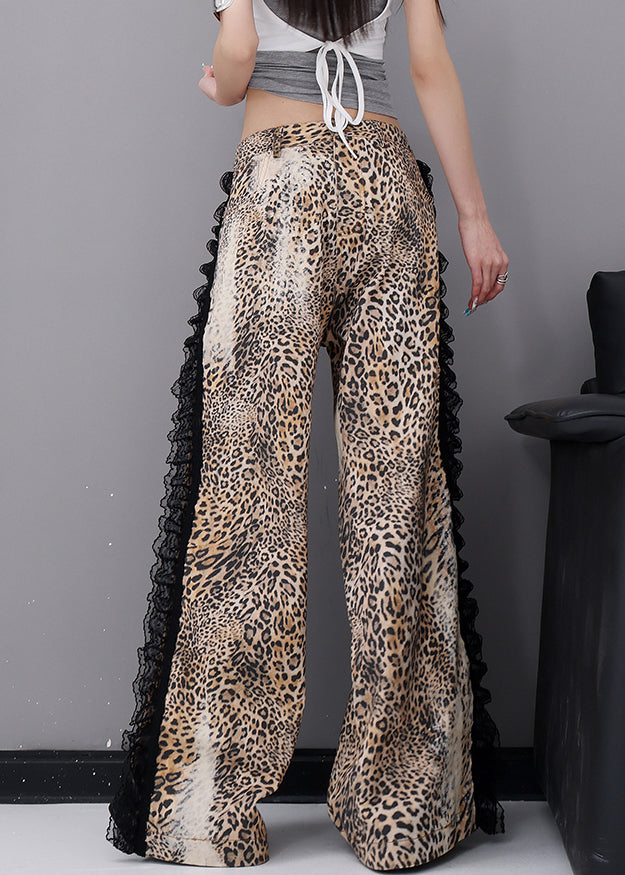 Leopard Pockets Lace Patchwork Denim Wide Leg Pants Fall