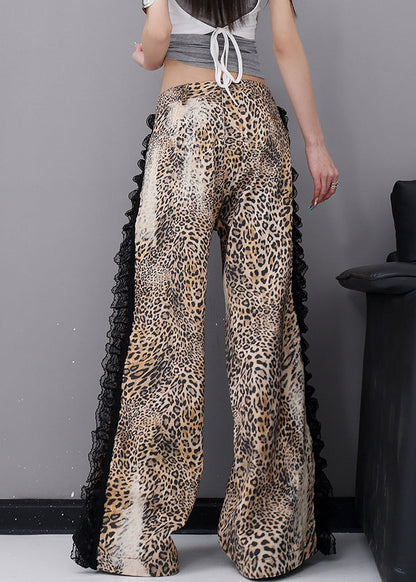 Leopard Pockets Lace Patchwork Denim Wide Leg Pants Fall