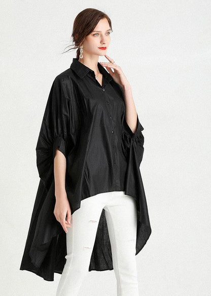 Art Black Wrinkled Button Summer Cotton Shirt Half Sleeve Top