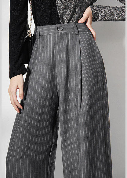Grey Striped Pockets Wide Leg Pants Spring