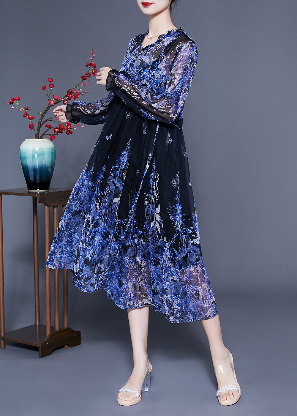 Blue V Neck Ruffled Print Chiffon Holiday Dresses Two Piece Set Summer