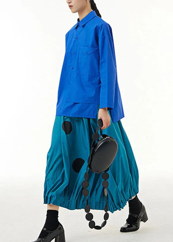 Blue Asymmetrical Design Patchwork Cotton Shirts Top Long Sleeve