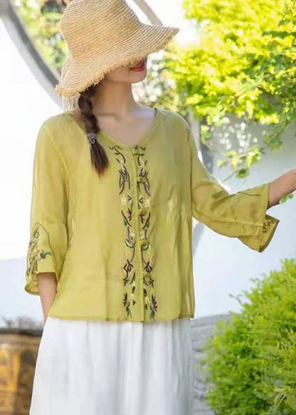 Ginger Loose Linen Tops V Neck Three Quarter Sleeve