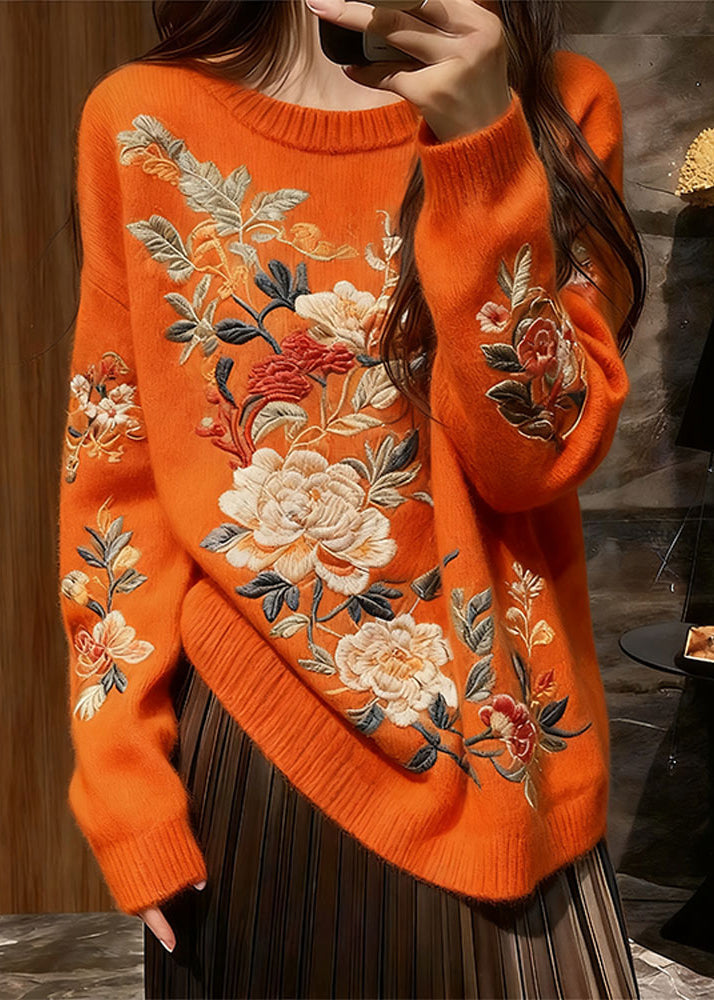 Boutique Orange O Neck Thick Knit Sweaters Winter