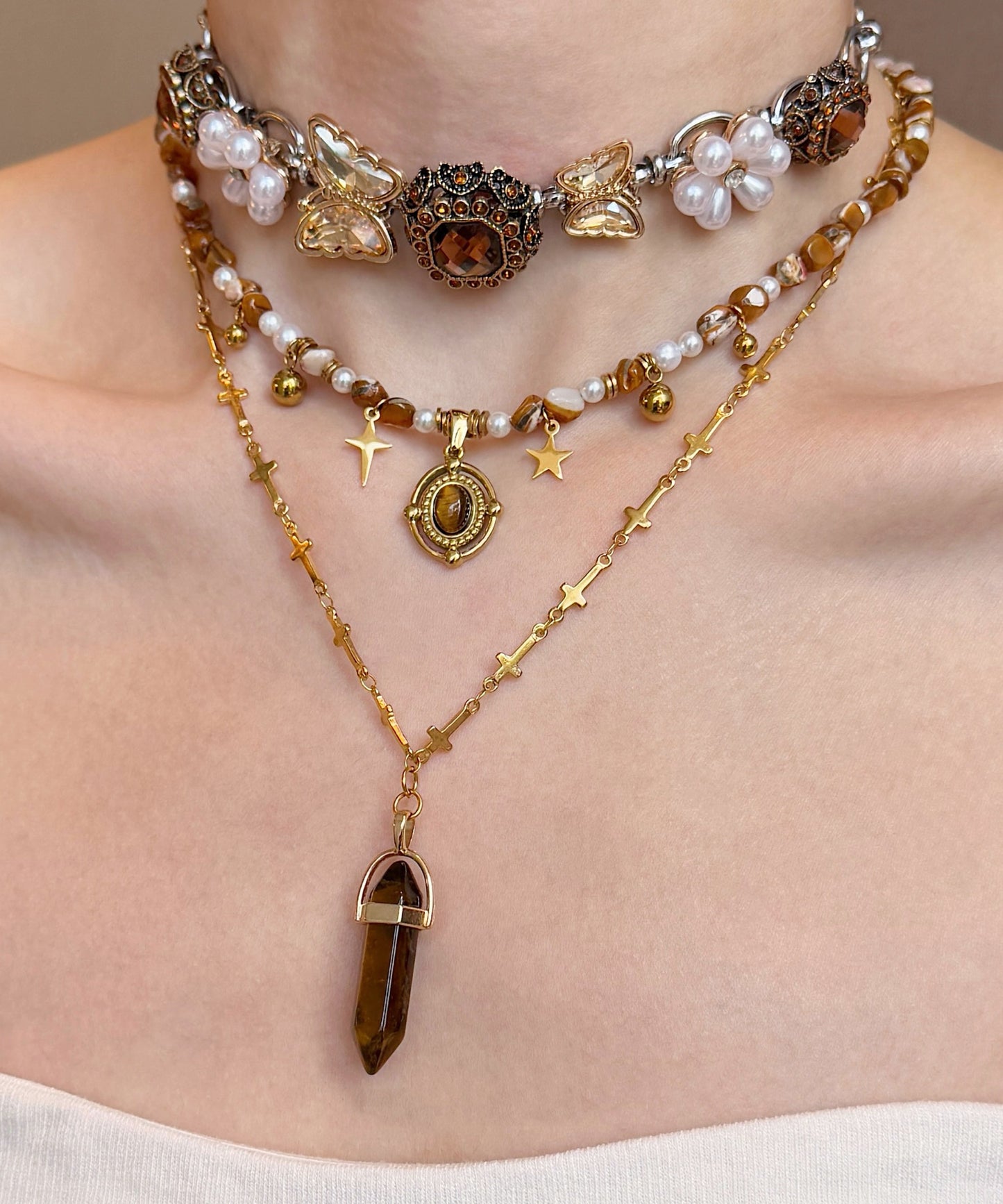 Brown Tiger's Eye Pearl Butterfly Titanium Steel Three Piece Set Pendant Necklace