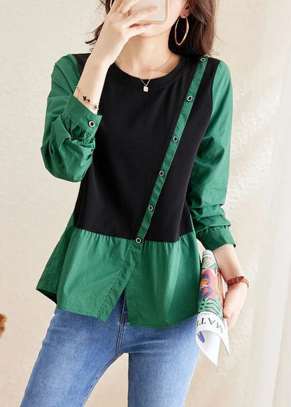 Green O-neck Asymmetrical Patchwork Wrinkled Top Long Sleeve