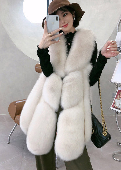 Simple White V Neck Thick Leather and Fur Waistcoat Winter