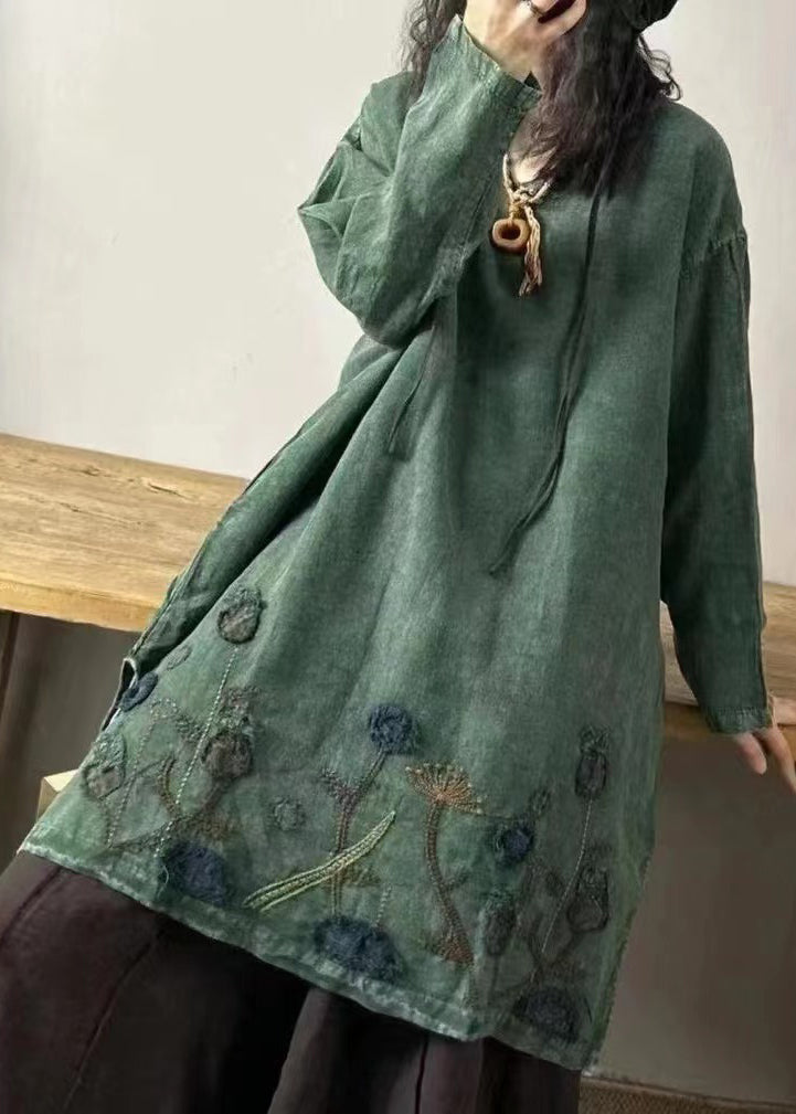 Yellow Text V Neck Embroidered Patchwork Linen Mid Dresses Fall