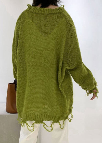 Green V Neck Ripped Ma Hai Mao Knit Sweaters Winter