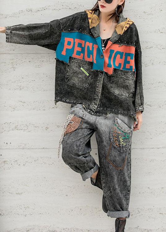 Fitted Denim Patchwork Knit Hooded Pockets Fall Coat Long Sleeve