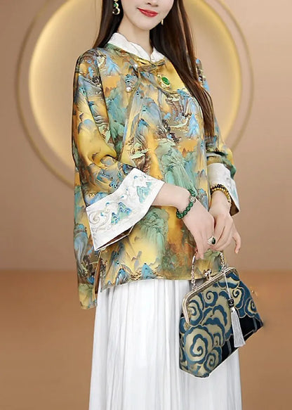 Embroidered Chinese Button Patchwork Silk Shirt Tops Fall