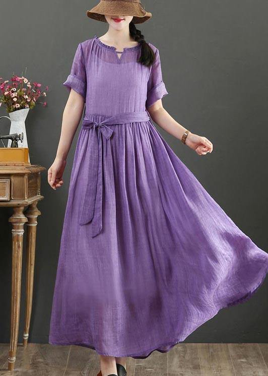Purple Ruffled Maxi Summer Linen Dress