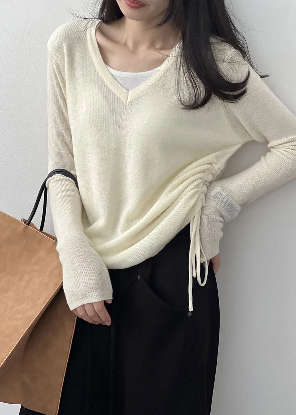 French Apricot V Neck Cinched Knit T Shirts Top Fall
