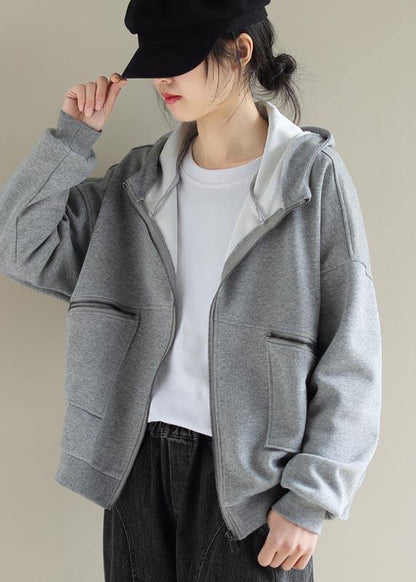 Simple Light Gray Coat for Woman Tops Hooded Zip Up Spring Coats