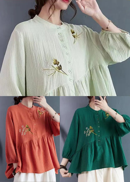 Tea Green Patchwork Cotton Shirt Embroidered Summer