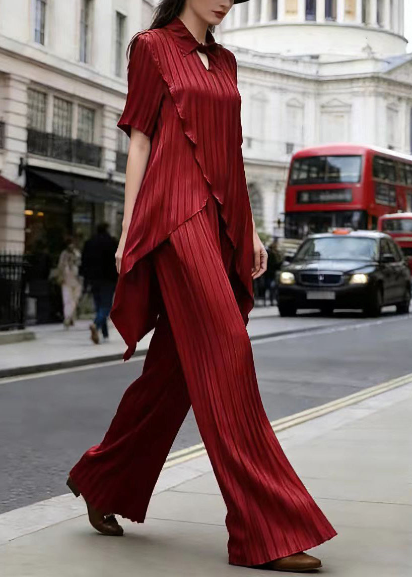 Red Asymmetrical Top and Pants Silk Two Pieces Set Summer