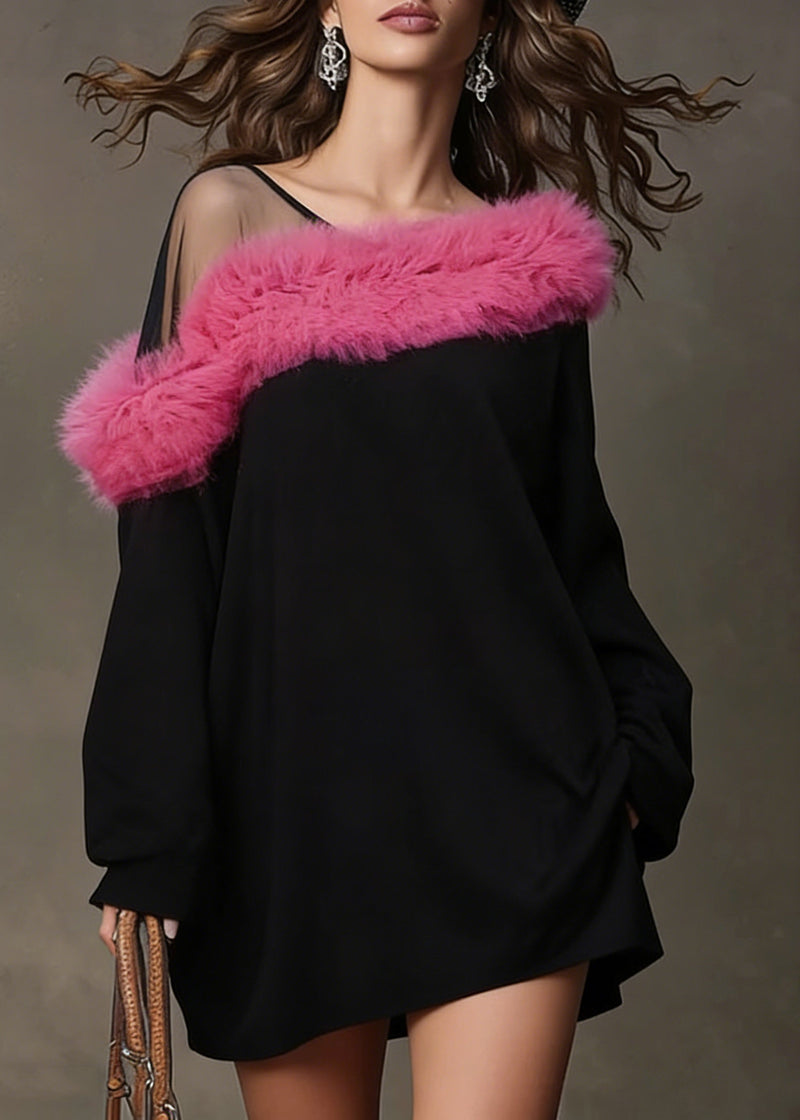 Black One Shoulder Patchwork Faux Fur Mini Dresses Spring