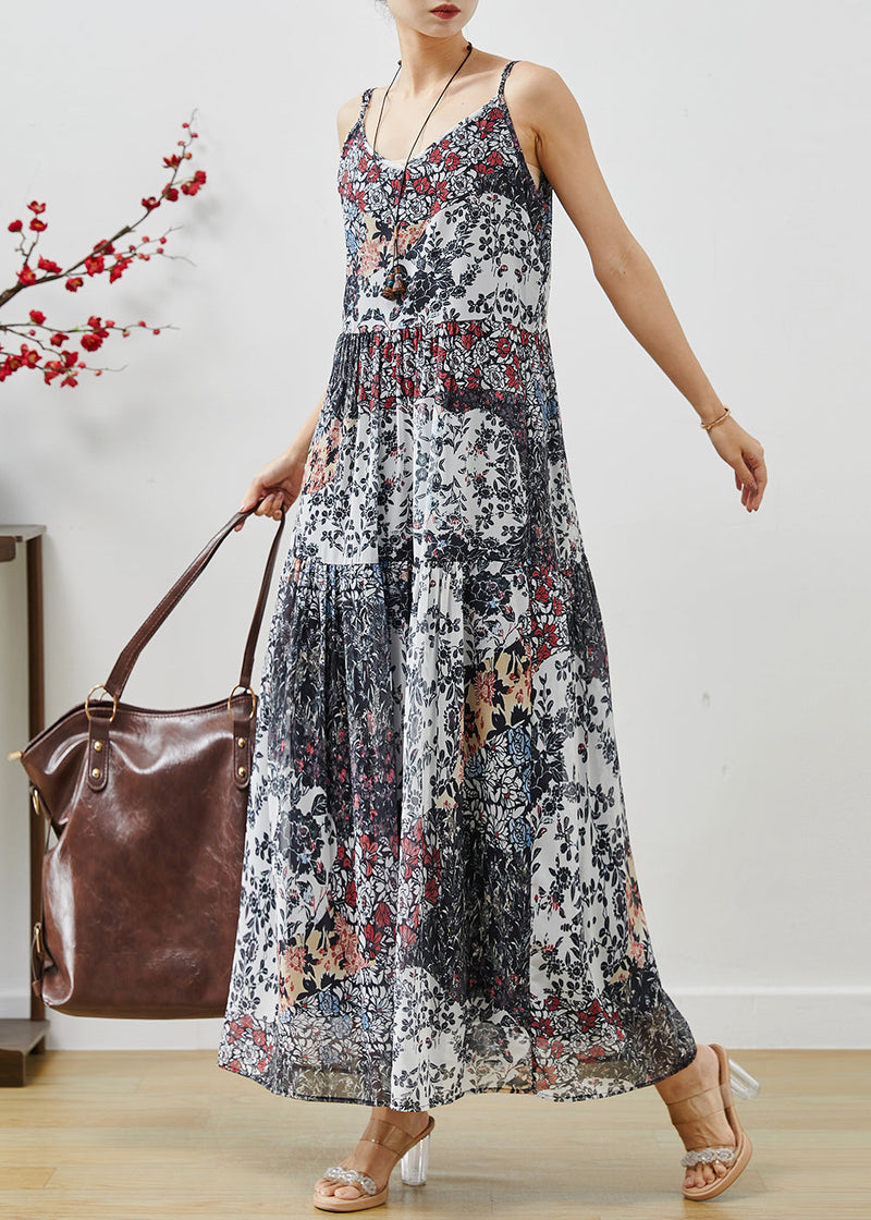Black Print Exra Large Hem Chiffon Spaghetti Strap Dress Summer