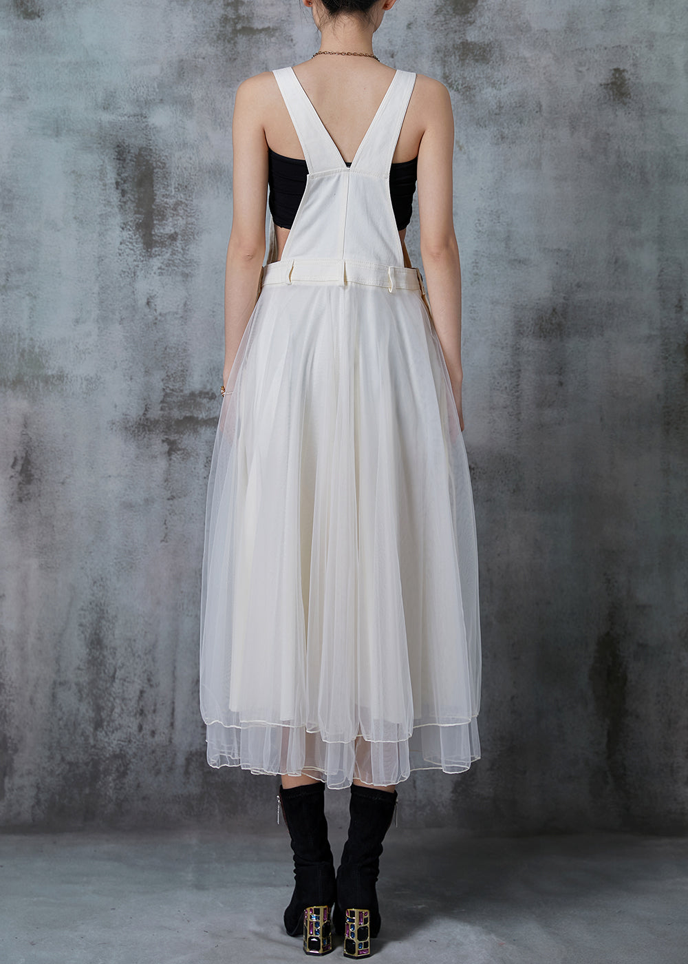 Fitted White Silm Fit Patchwork Organza Long Dress Spring