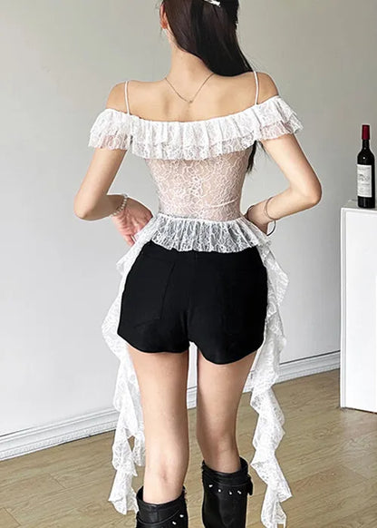 White Lace Up Hollow Out Lace Spaghetti Strap Tank Summer