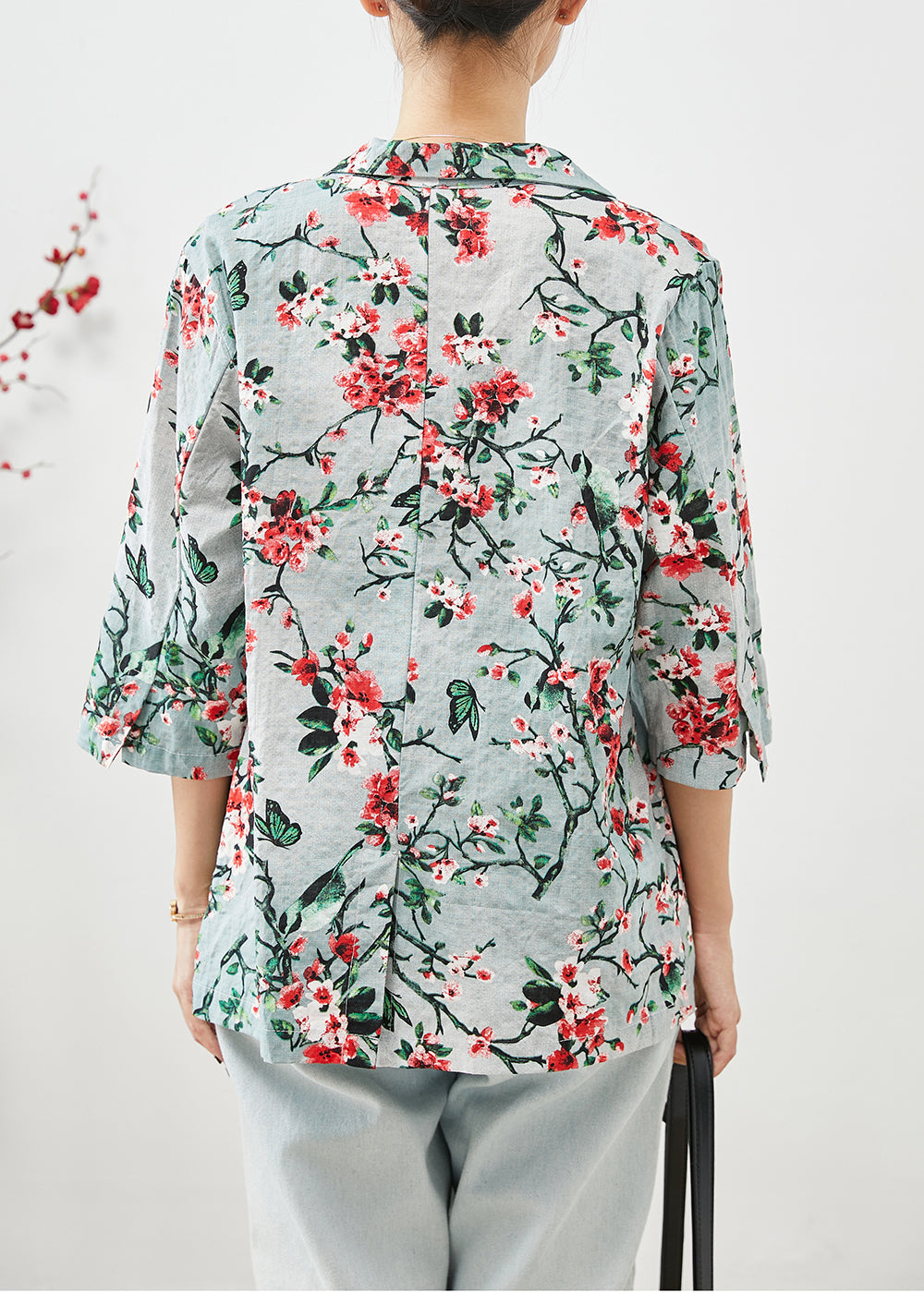 Slim Fit Plum Blossom Print Pockets Linen Coats Half Sleeve