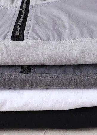 Fine Light Grey Zippered Patchwork Cotton T Shirt Summer