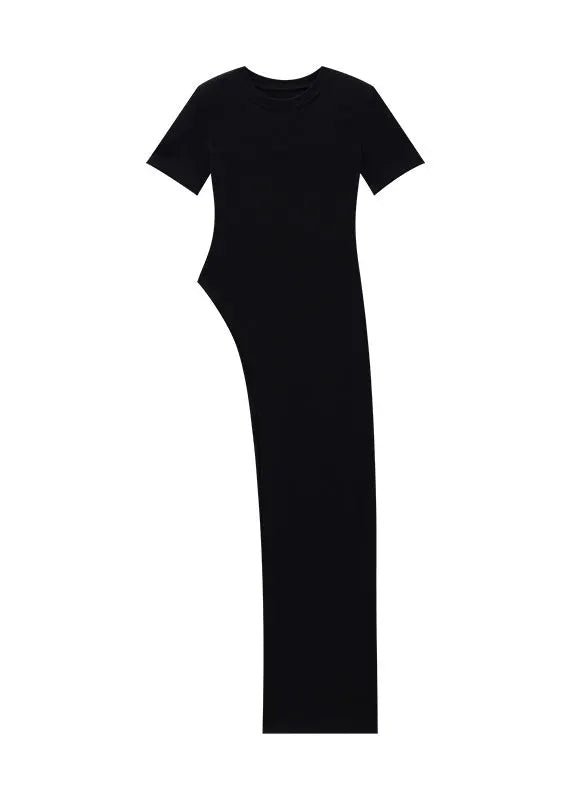 Slim Fit Black O Neck Asymmetrical Design Cotton Top Summer